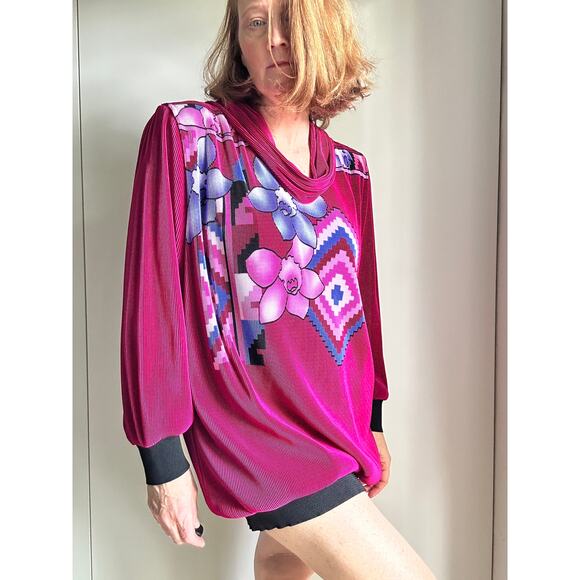 Virginie Paris Floral Micropleated Blouse Pink Made in France Statement SZ L - Picture 6 of 11